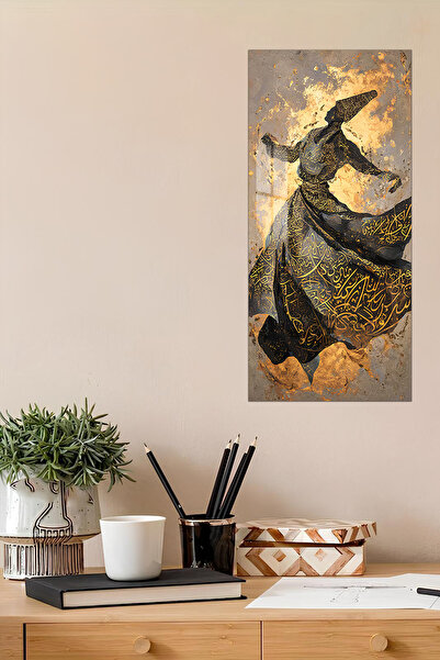 kutuTR 3D Görünümlü Temperli Cam Tablo – Altın ve Siyah Hat Sanatlı Semazen U...