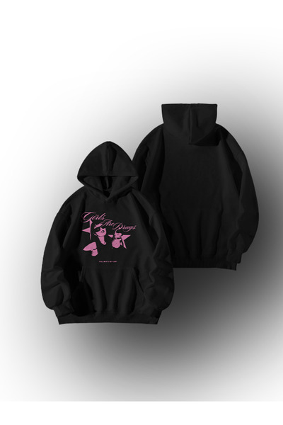 GlowUP Kadın Erkek Oversıze Siyah Vintage Poster Girls Are Trugs Baskılı Kapş...