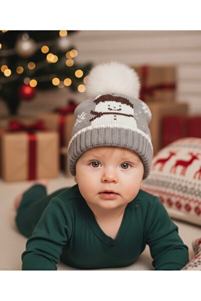 Butik قبعة شتوية للأطفال من الصوف الرمادي مع كرات زينة - تصميم دافئ بنمط رجل ...