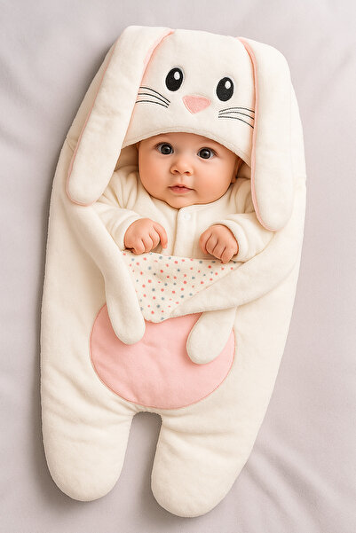 GÜLERBEBECİX Baby Swaddle with Rabbit Pattern, Thai Feather, Side Zipper