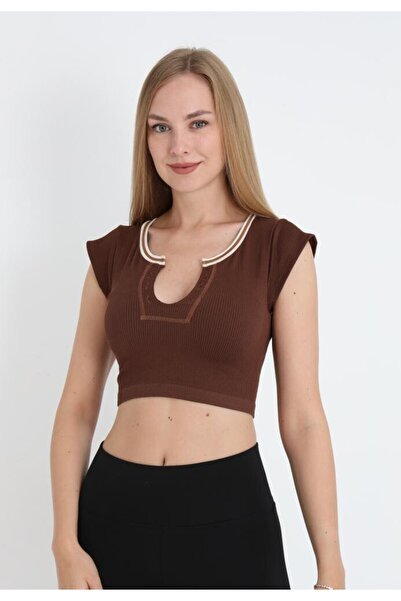 TOSKI Tricou Crop Damă cu Mânecă Scurtă maro