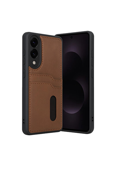 eco port حافظة جلدية لهاتف سامسونج جالاكسي S25 إيدج مع حامل بطاقات - لون أسمر