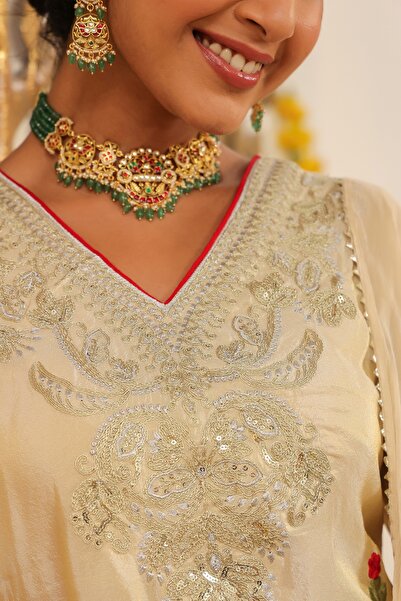 PRIYA'S PANACHE Premium Golden Shimmer Tissue Straight Kurta Pant Dupatta Set | Festive Traditional Ethnic Wear