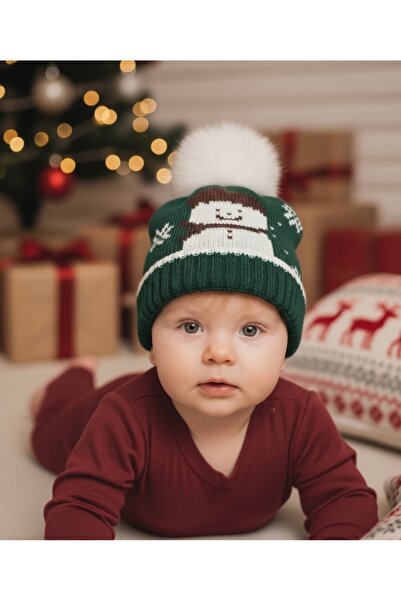 Butik قبعة شتوية للأطفال من الصوف المحبوك باللون الأخضر – موديل دافئ بنمط رجل...