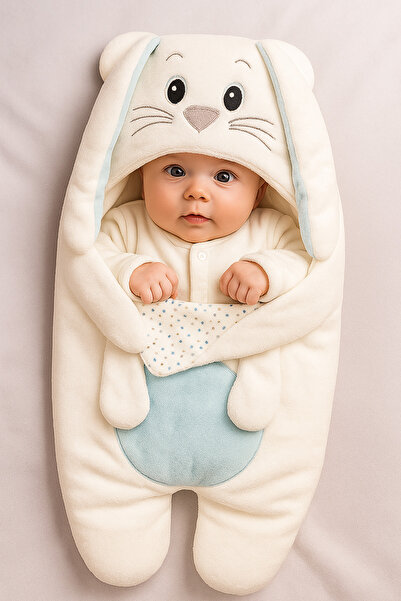 GÜLERBEBECİX Baby Swaddle with Rabbit Pattern, Thai Feather, Side Zipper