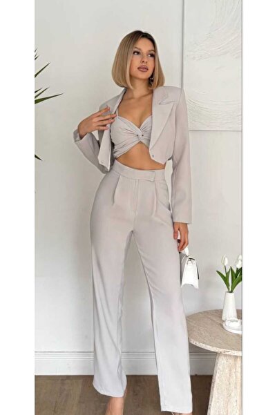 Azra Moda Style Crop Single Button Detail Jacket Pants Blazer Set