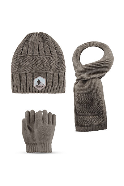 Kitti 9-15 Years Old Waiter 3 Piece Set Men's Scarf, Gloves and Hat Set with Fleece Inside