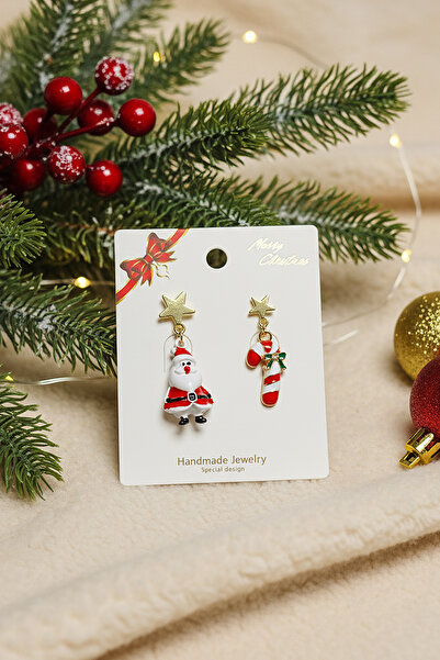 BearPear 2'li Küpe Yılbaşı Konseptli Noel Baba ve Baston Şeker Küpe Seri
