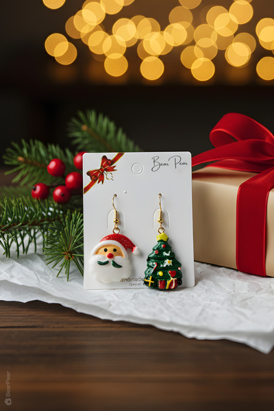 BearPear Noel Baba ve Yılbaşı Ağacı Sevimli Yeni Yıl Küpesi