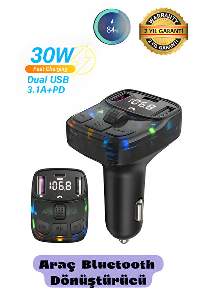 SURTECH Araç İçi Bluetooth Çakmaklık FM Transmitter Bluetooth Araç Kiti 30 Watt Süper Hızlı Şarj (EN405)