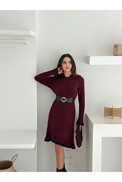 bobitex Kemerli Fitilli Bisiklet Yaka Triko Elbise
