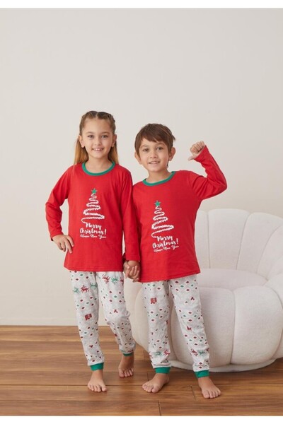TOSKI Christmas Pajamas for Girls and Boys, Long Sleeve, Long Pants, Red, Fir Tree
