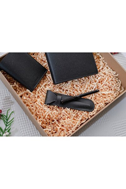 Origin Premium set: leather-covered notebook, pen with leather case and wallet, black