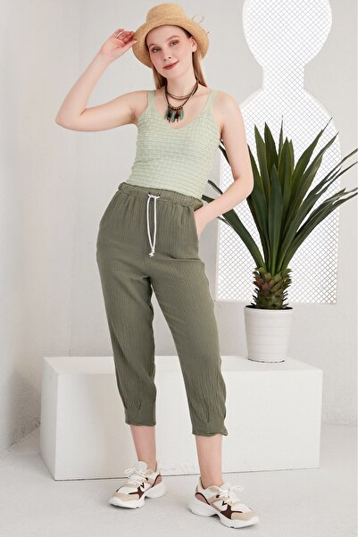 Alışveriş Sokağı Lace-Up Pocketed Side Stripe Design Linen Trousers Beige Color