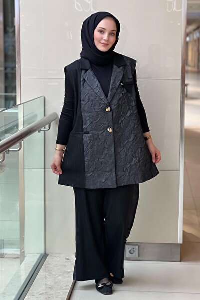 Ghisa Double-Breasted Collar Mix Fabric Vest Pants Set