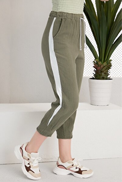 Alışveriş Sokağı Lace-Up Pocketed Side Stripe Design Linen Trousers Beige Color