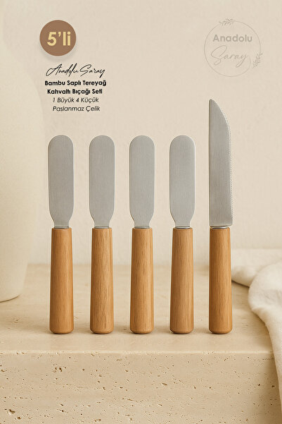 Anadolu Saray 5-Piece Bamboo Handle Butter Breakfast Knife Set 1 Large 4 Small Stainless Steel