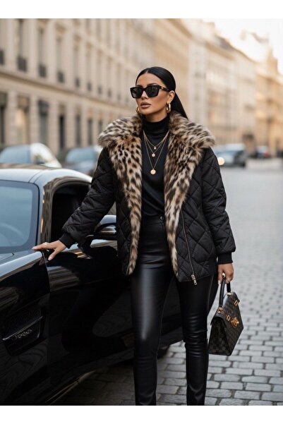 Butik Şenel Quilted Short Coat with Leopard Fur Collar