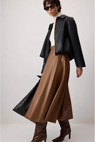 Touche Volanlı Deri Etek Kahverengi