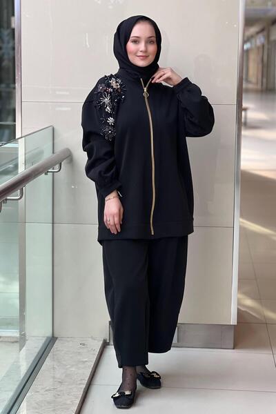 Ghisa Modal Tunic Pants Set with Floral Bead Stone Embroidery on the Shoulder