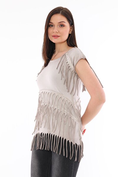 Alışveriş Sokağı Viscose Fabric Stone Color Summer Tassel Detailed Women's Blouse