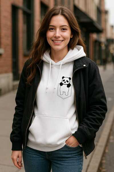 LiyAdaCo Unisex White Cute Panda Pocket Printed Oversized Sweatshirt -Hoodie