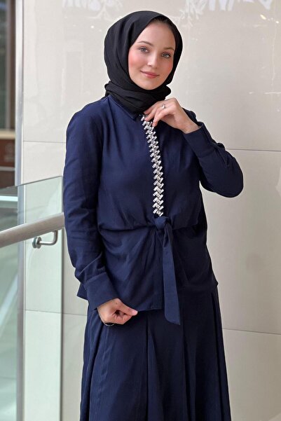 Ghisa Nubuck Shirt Skirt Set with Stone Embellished Tie Model on the Front