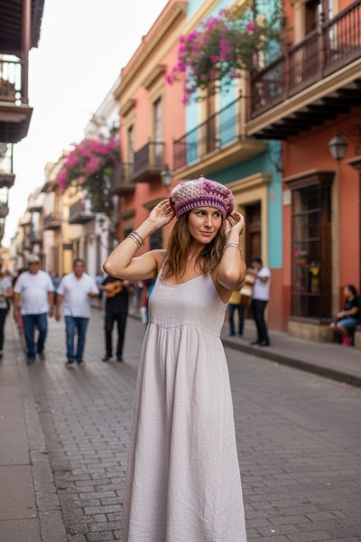 Satürn Hobi Bohemian Casual Painter Beret with Knitted Motif in Purple & Powder Colors