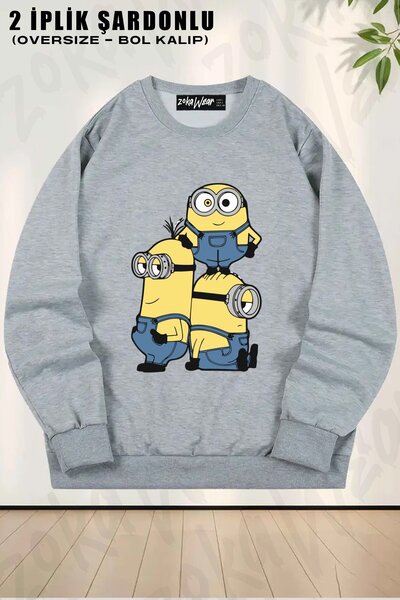 ZOKAWEAR سويت شيرت مينيونز مطبوع قصة فضفاضة برقبة دائرية للجنسين