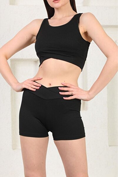 Alışveriş Sokağı Corded Fabric Bustier and Shorts Sports Set Lilac Color