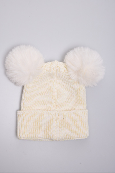OX-RA White Double Pompom Smiley Knitted Children's Beanie