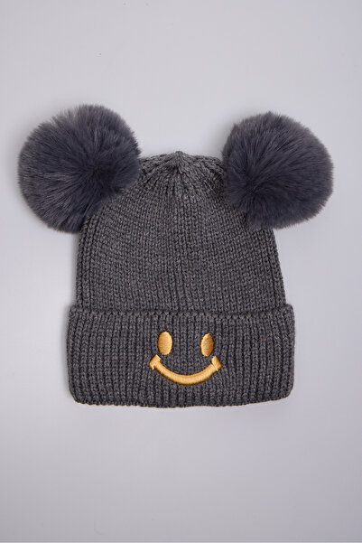 OX-RA Gray Double Pompom Smiley Knitted Children's Beanie