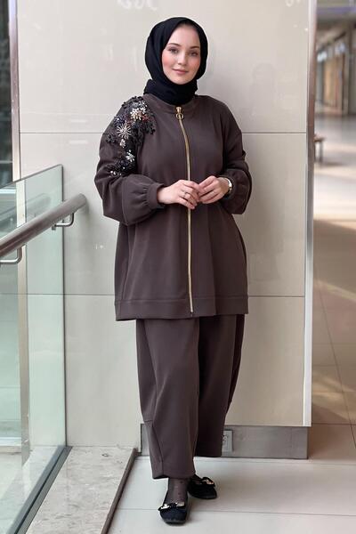 Ghisa Modal Tunic Pants Set with Floral Bead Stone Embroidery on the Shoulder