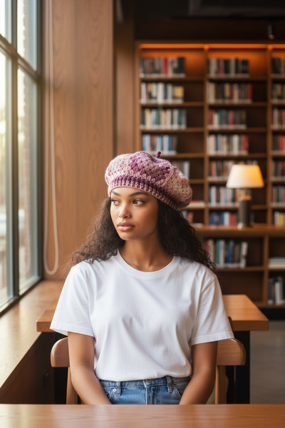 Satürn Hobi Bohemian Casual Painter Beret with Knitted Motif in Purple & Powder Colors