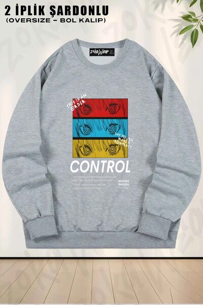 ZOKAWEAR سويت شيرت يونيسكس Chainsaw Man Control مطبوع قصة فضفاضة برقبة دائرية