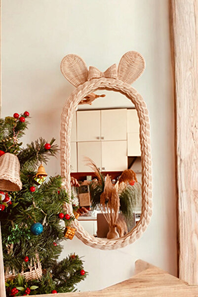 Natura Mia NATURAMİA Rattan Fiyonklu.Kulaklı Boy Aynası, 30x60 cm Duvar Aynası, Bebek Çocuk Odası.