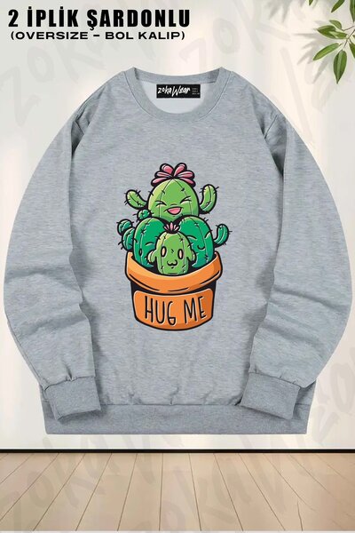 ZOKAWEAR Unisex Cute Cactus Plant Cobalt in Printed Oversized Crew Neck Sweatshirt