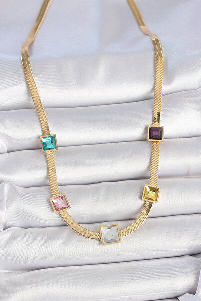 Acousticworld 316L Steel Gold Color Italian Chain Model Square Colored Zircon Stone Women's Necklace