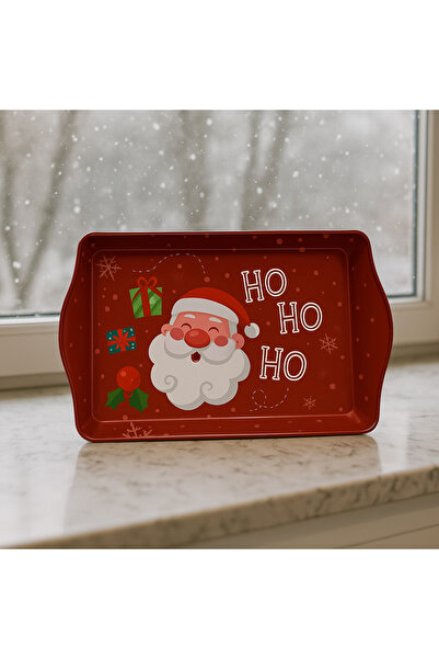 ATAGİFT HEDİYELİK Yılbaşı Metal Sunum Tepsisi – Santa Ho Ho Ho Kırmızı Desenli Noel Servis Tepsisi ( 25 x 16 cm )