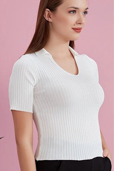 Alışveriş Sokağı Polo Neck Short Sleeve Ribbed Knit Blouse Blue Color