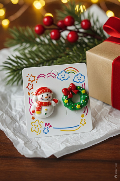 BearPear Yılbaşı Konseptli Kardanadam ve Çiçek 2'li Christmas Küpe