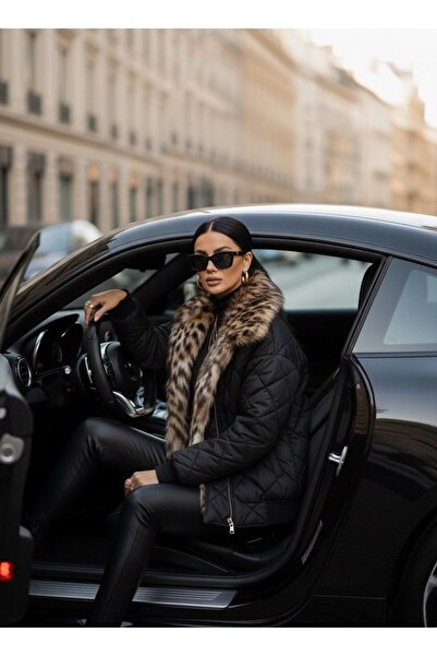 Butik Şenel Quilted Short Coat with Leopard Fur Collar