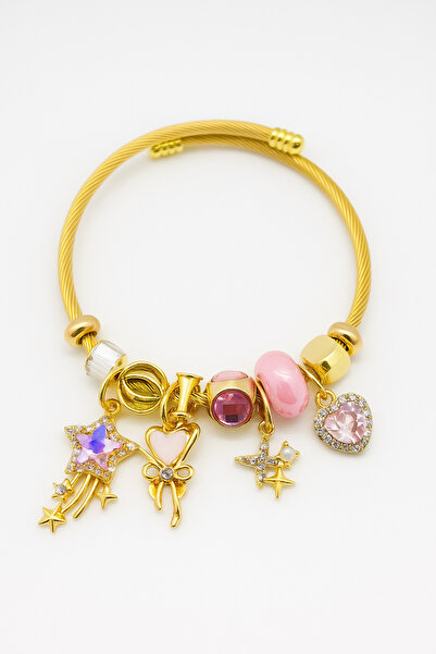 MakeWell Gold Color Stainless Steel Tarnish-Free Charm Bracelet with Star Heart Dolphin Design for Kids