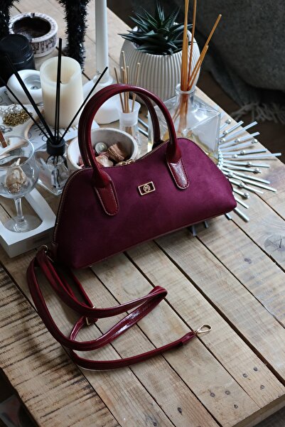 Moom Bag Women's Burgundy Suede Shoulder Bag with Handle and Strap