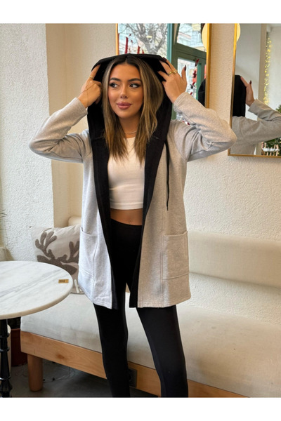 JANES Дамско яке с дълги ръкави, качулка, двуцветно, с шарки от стъклени парч...