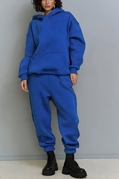 ruNadeS Women's Soft Textured Wide Fit Elastic Leg Hooded Tracksuit Set - Walking