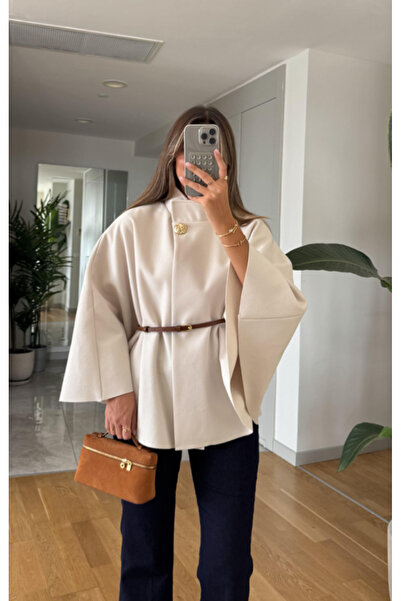 FEMMESTUDIO Kadın Ekru Kemerli Gold Düğmeli Kaşe Dokulu Panço