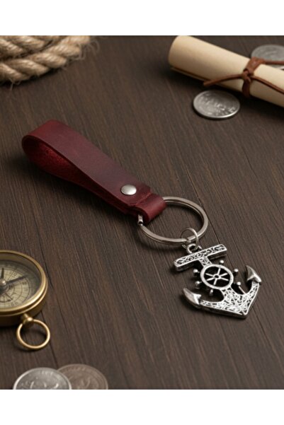 E&F Takı سلسلة مفاتيح من الجلد الطبيعي بتصميم مرساة بحرية باللون العنابي، هدية مميزة