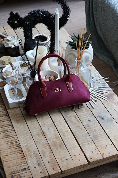 Moom Bag Women's Burgundy Suede Shoulder Bag with Handle and Strap