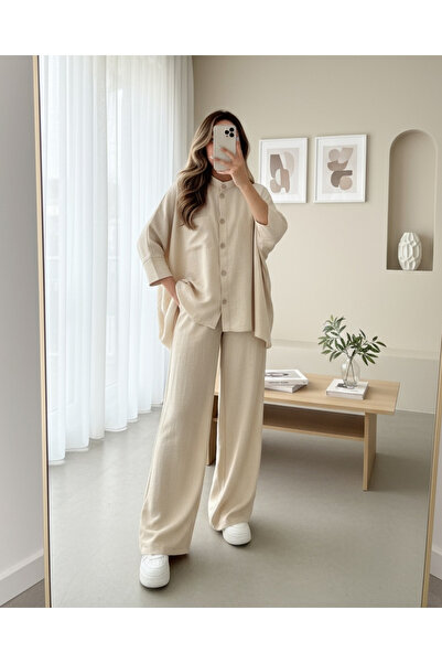 MissRunin Çift Cepli Yarım Yarasa Kol Salaş Gömlek Takım